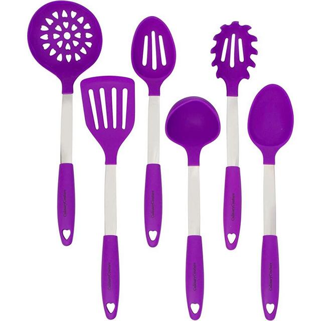 Purple Cooking Utensils Set - Stainless Steel & Silicone Heat Resistant Professional Cooking Tools - Spatula, Mixing & Slotted Spoon, Ladle, Pasta Fork Server, Drainer - Bonus Ebook!