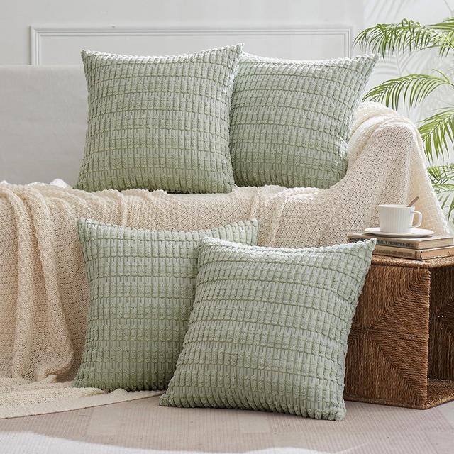 MIULEE Pack of 4 Corduroy Decorative Throw Pillow Covers 18x18 Inch Soft Boho Striped Pillow Covers Modern Farmhouse Home Decor for Sofa Living Room Couch Bed Light Green