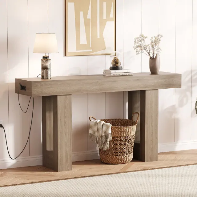 63in Console Table with Power Outlet, Extra Long Sofa Table Behind Couch Narrow Entryway Table 33.3" High with USB & Type C Ports, Gray
