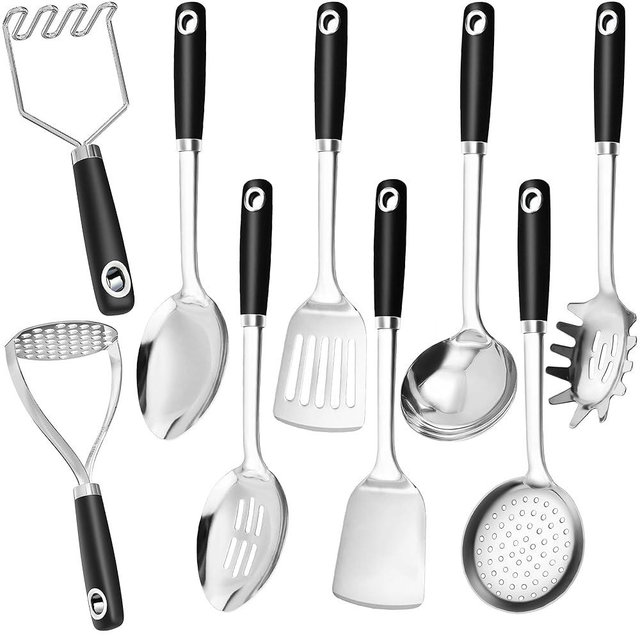 18/0 Stainless Steel Cooking Utensils Set, Heavy Duty Kitchen Utensils for Daily Use Party Wedding Housewarming, Dishwasher Safe, 9 Pieces