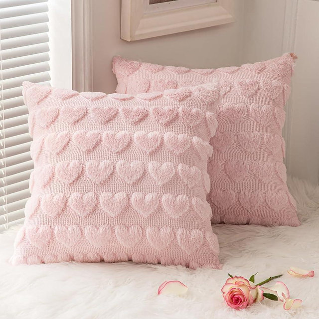MIULEE Valentines Pillow Covers 18x18 Inch Set of 2 Valentines Day Light Pink Heart Love Decorative Cute Soft Plush Faux Fur Throw Pillows for Girl Bedroom Couch Sofa Holiday Home Decor