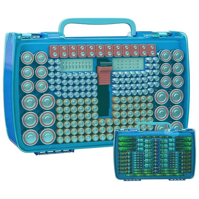 Battery Organizer Storage Case with Tester, Holds 269 Batteries Double Sided Box for AA AAA 4A C D Cell 9V 3V Lithium LR44 CR2 CR123 CR1632 18650 Button, Heavy Duty Holder- Blue Case+Green Handle