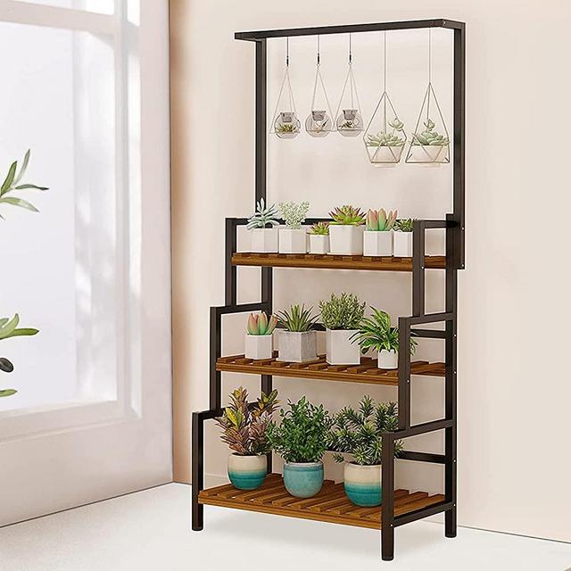 yeshine 68 Inch Tall Metal 3-Tier Hanging Plant Stand Planter Shelves Flower Pot Organizer Rack Multiple Flower Pot Display Holder Shelf Heavy Duty Planter Shelving Unit with Grid Panel Indoor Outdoor