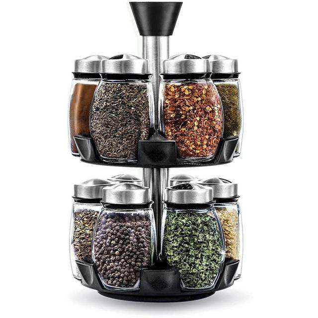 12-Jar Revolving Spice Rack Organizer, Spinning Countertop Herb and Spice Rack Organizer with 12 Glass Jar Bottles (Spices Not Included)
