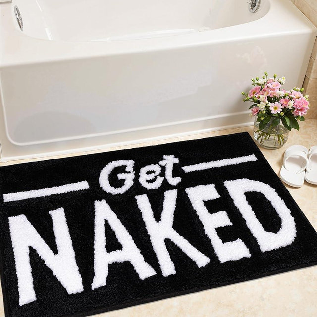 KOEXM Get Naked Bath Mat Cute Bathroom Rugs 16" x 24", Non Slip Funny Bathroom Decor Machine Washable Black Bath Mat Small Water Absorbent Shower Rug