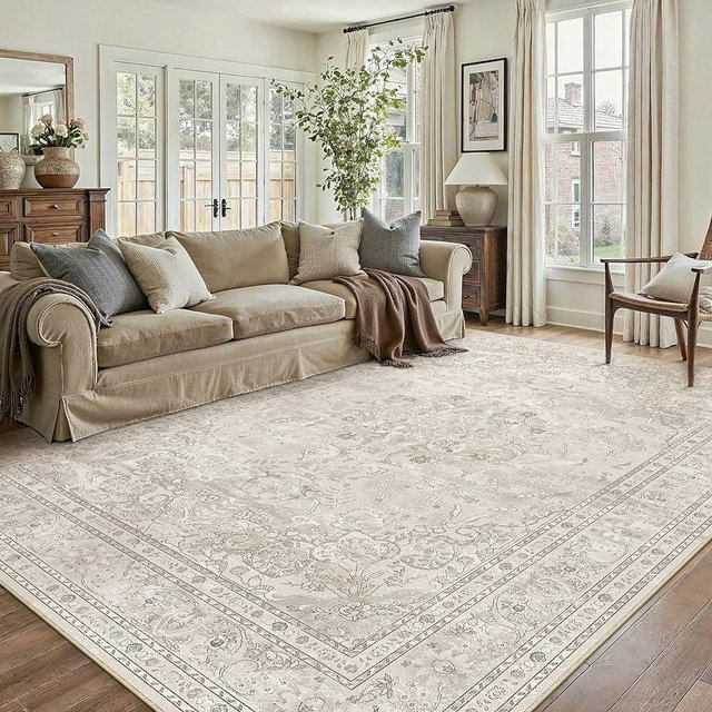 PureCozy Beige 6x9 Area Rug Washable Vintage Carpet for Living Room Bedroom Large Soft Retro Floral Low Pile Thin Indoor Rug Non Slip Central Medallion Floor Cover for Dining Room Office