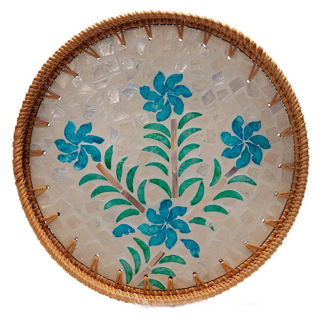 Round Rattan Tray with Mother of Pearl Inlay, Rattan Serving Tray with Wooden Base, Decorative Wicker Basket for Table Decor, Storage and Display of Bread Food Fruit (Flower)