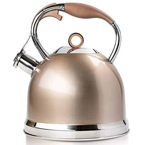 Tea Kettle Best 3 Quart induction Modern Stainless Steel Surgical Whistling Teapot - Pot For Stove Top (Champagne-gold)
