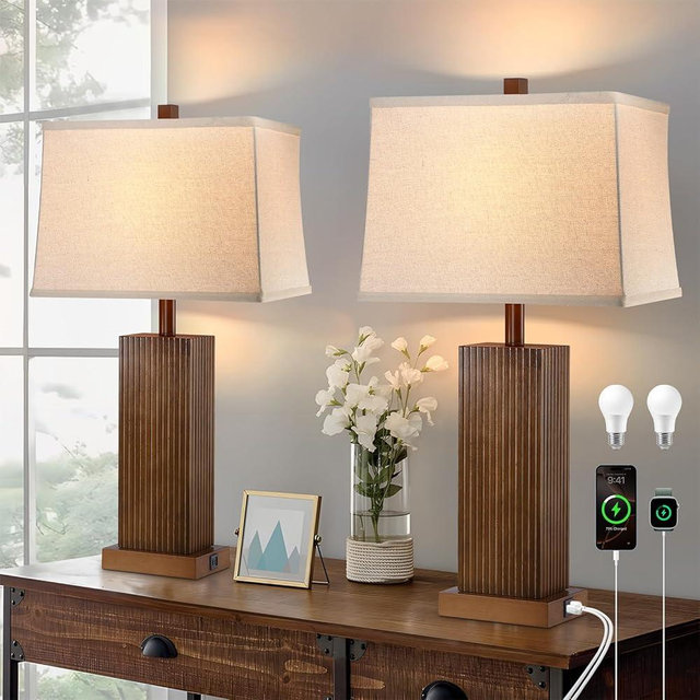 Lovlast 27.5" Wood Table Lamps Set of 2, Modern Farmhouse Bedroom Lamp for Nightstand with USB Charging Port, Natural Wooden Base Table Lamp for Living Room Bedroom, Bulbs Included (Walnut Wood)