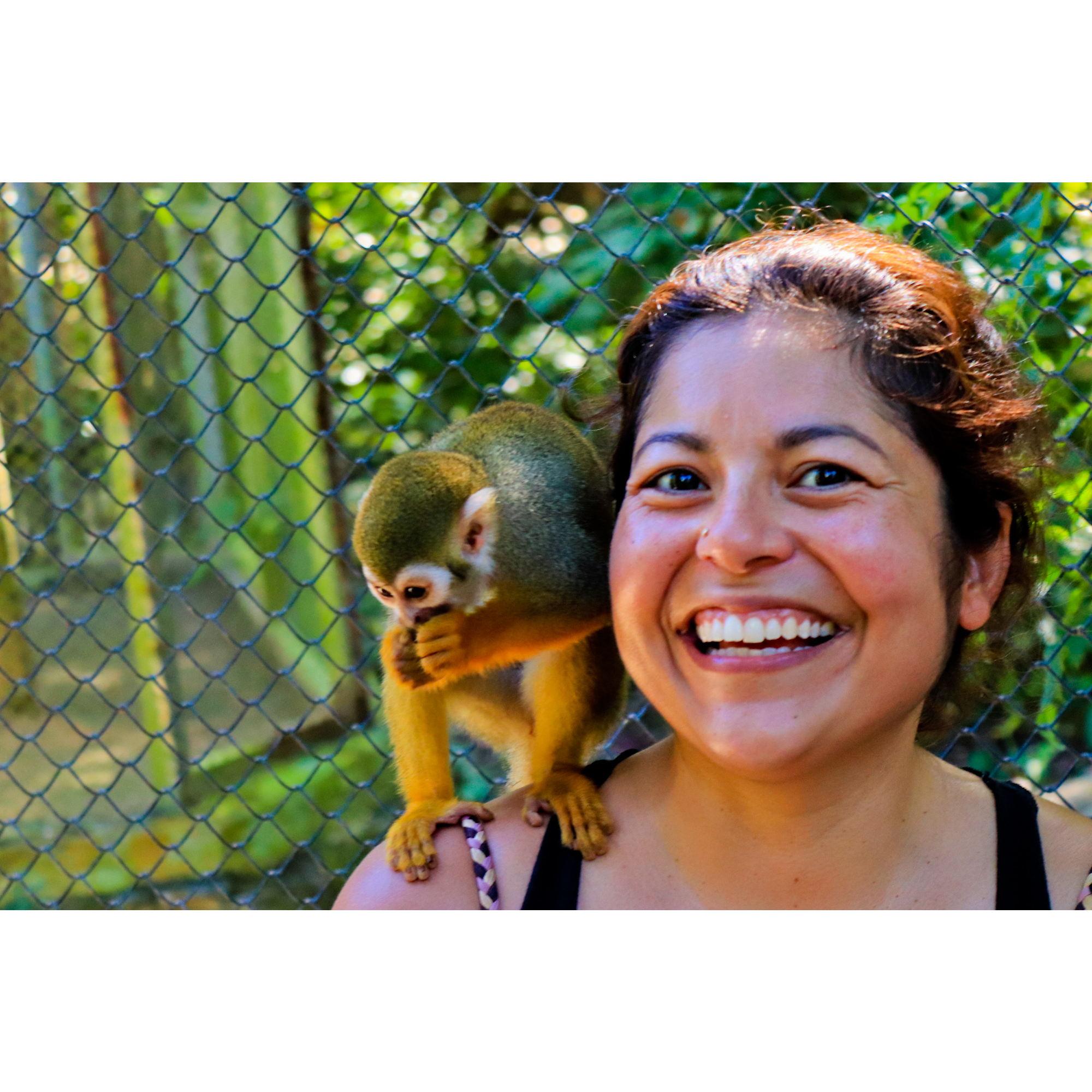 Stephanie with a capuchin money seated on her right shoulder
