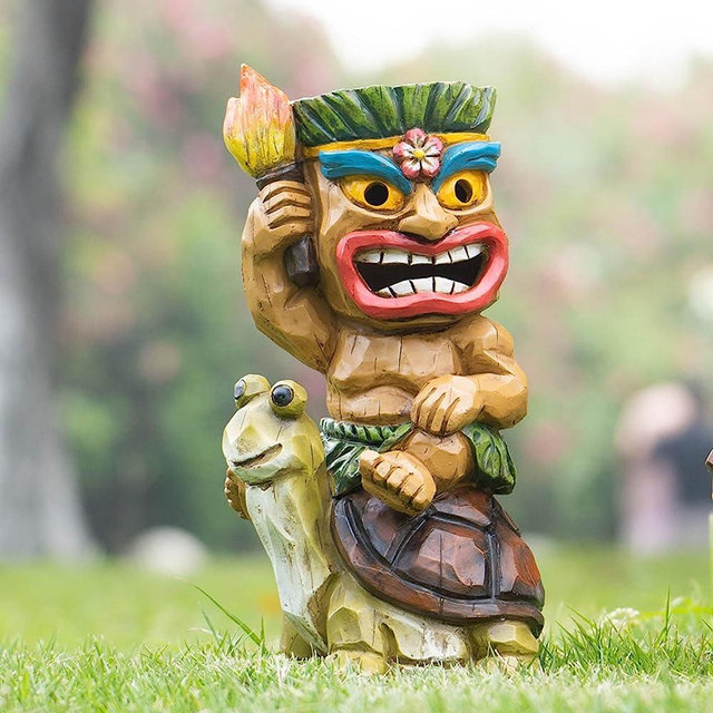 EPTUEGA Solar Tiki Statue,Outdoor Statues Tiki - Tiki Statue-Tiki Bar Decor-Tiki Decorations Outdoor Patio Tiki Decor for Tiki Bar, Patio, Balcony, Yard,Lawn Ornament,Riding a Turtle,10inch Tall