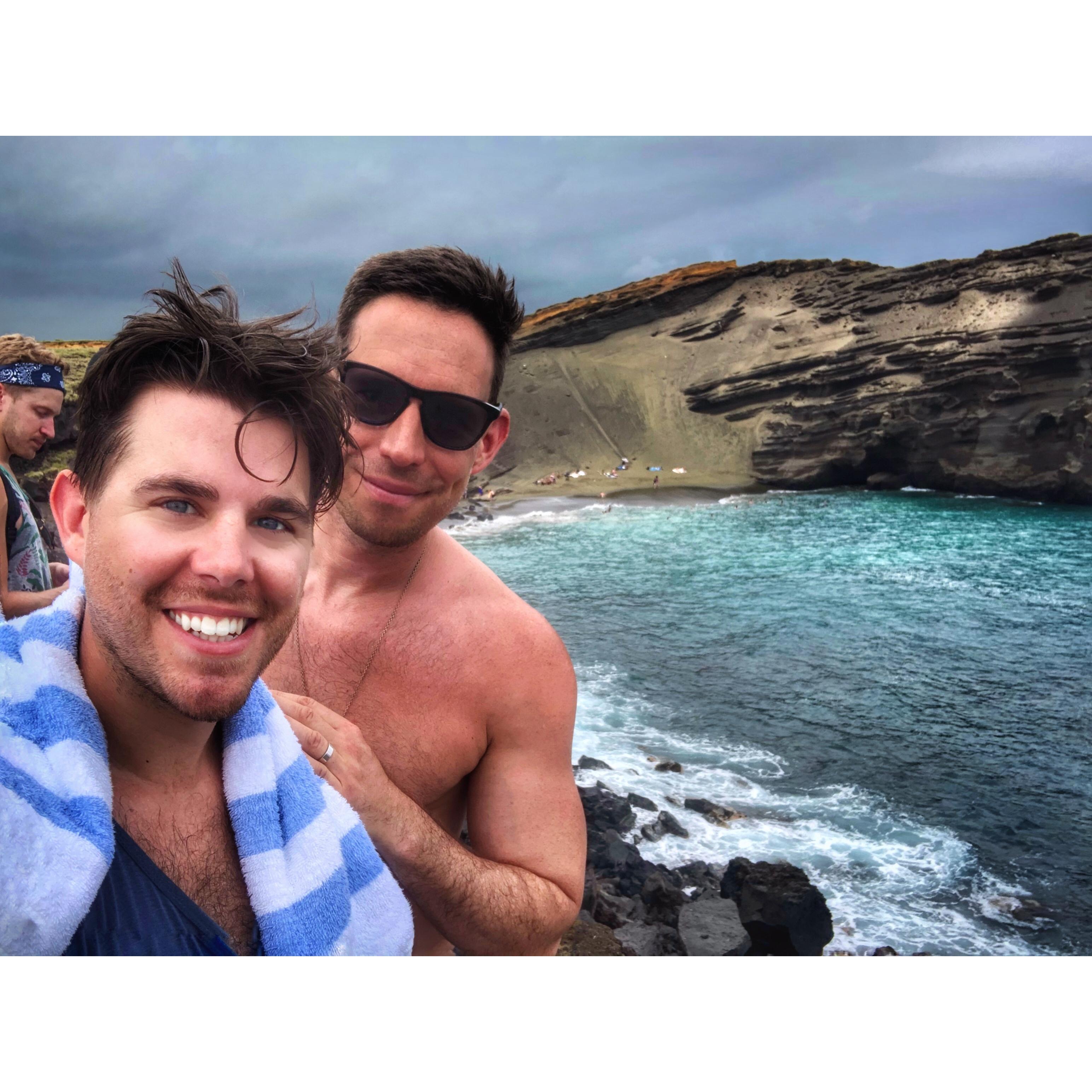 After hiking to the green sand beach in Hawaii.
