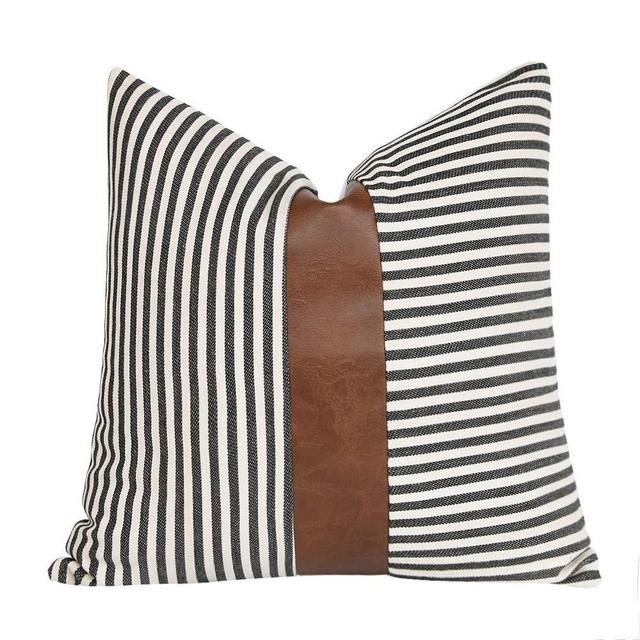 cygnus Decorative Throw Pillow Covers Ticking Striped Stitching Faux Leather Modern Farmhouse Cushion Cover for Couch Sofa Bed 18x18 inch,Black