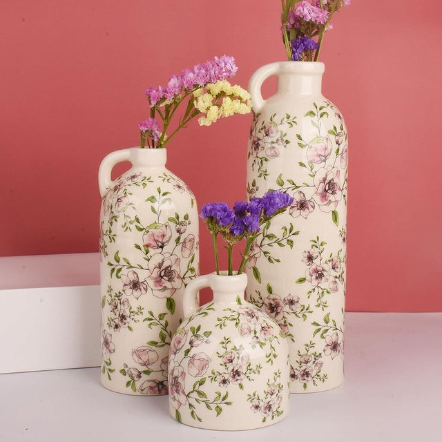 Set of 3 Vintage Floral Ceramic Bottle Vases with Handles - Rustic Crackle Glaze Finish - Decorative Flower Vases for Home Decor, Table Centerpieces, Shelf Display, Boho Farmhouse Decor (3, Ivory)
