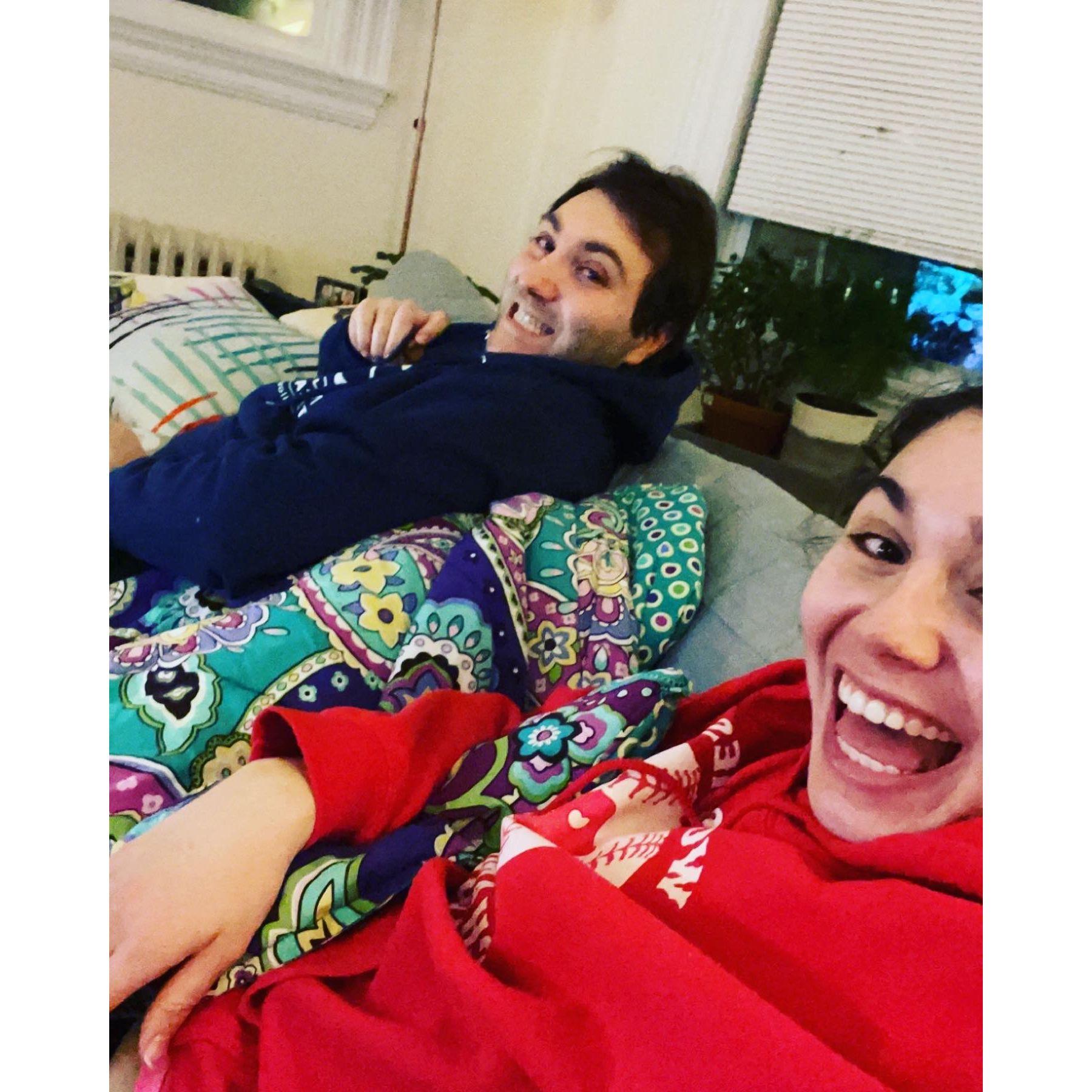 A cozy night in our first apartment together in Brighton.