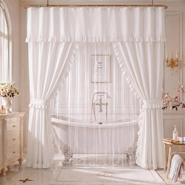 Redbaker 2 Pcs 70 x 72 Inch Double Swag Ruffled Shower Curtains Set with Waterproof Liner Peva Shower Curtain Boho Farmhouse Ruffled Swag Curtain with Rings Valance for Bathroom Home Decor(White)