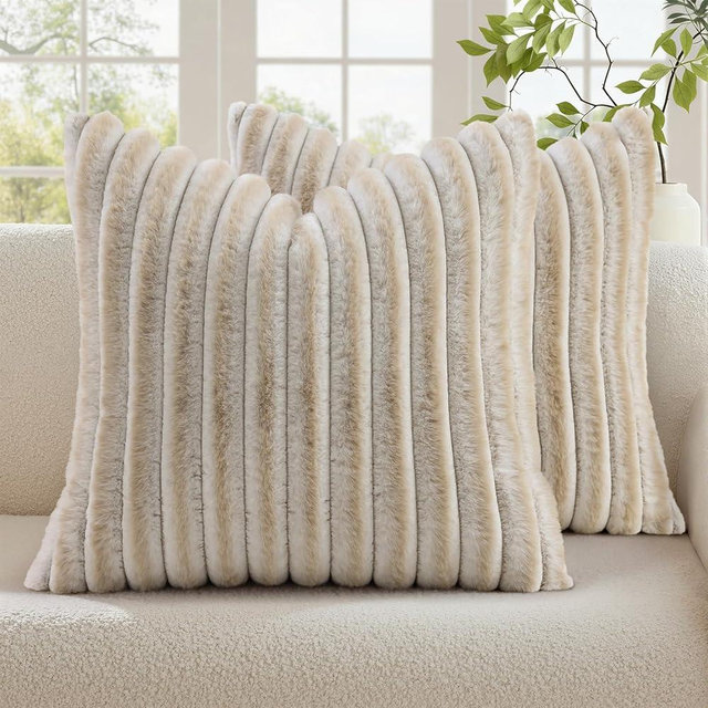 decorUhome Cozy Faux Fur Spring Throw Pillow Covers 20x20 Set of 2 Decorative Soft Plush Striped Modern Farmhouse Boho Couch Pillow Cases with Velvet Back for Sofa Bed Living Room, Beige White