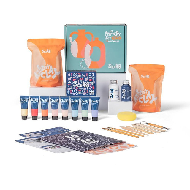 Sculpd - The Original Pottery Starter Kit - Complete Air Dry Clay + Painting Beginner Set for 2 Adults: Includes Sculpting Tools, Acrylic Paint, Brushes, Easy Guide, Video Tutorial & More