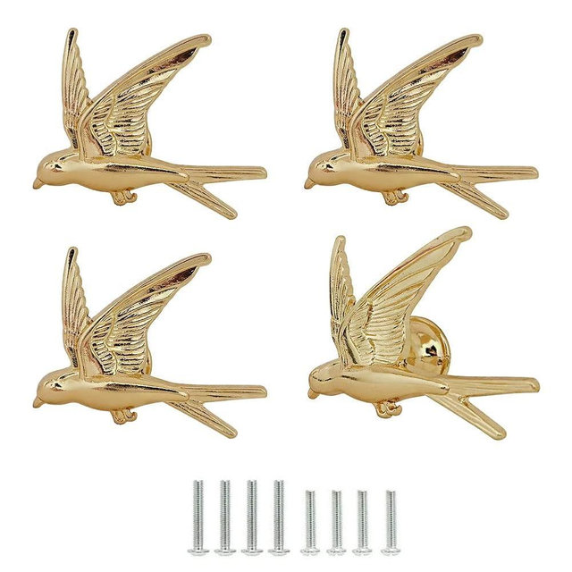 Bird Knobs, Flying Swallow Shaped Cabinet Pulls Handles, 4PCS Stylish Vintage Bird Drawer Knobs for Dresser Cupboard Closet Door Kitchen Hardware Furniture Decorative Knob with Screws (Gold)