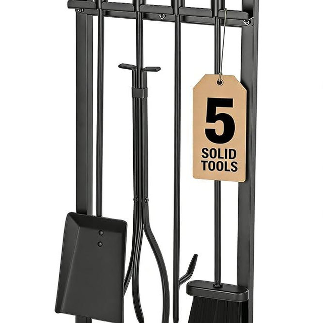 Gtongoko 29 Inch 5 Pieces Fireplace Tools Set with Stand, Outdoor Fire Tools for Fireplace with Poker, Shovel, Brush, Tong and Base, Fireplace Accessories Fire Place Set Tools, Black