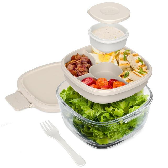 Bentgo Glass All-in-One Salad Container - Large 61-oz Salad Bowl with Lid, 4-Compartment Bento-Style Tray, 3-oz Sauce Container, & Reusable Fork - Dishwasher, Microwave, & Oven Safe (White Stone Tan)