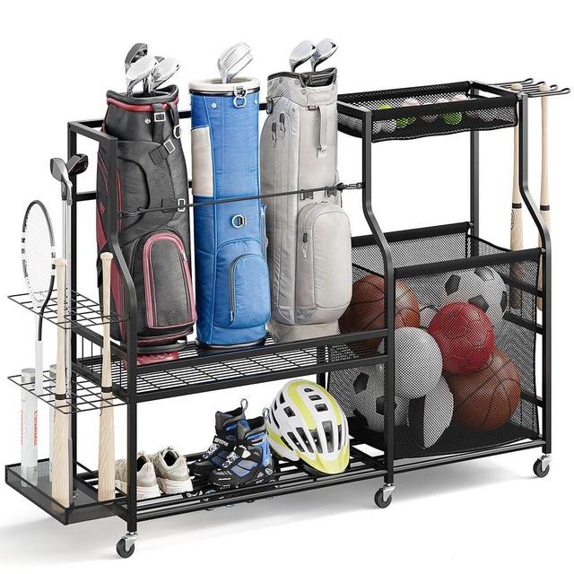 DWVO Sports Equipment Organizer, 3 Golf Bags Storage Stand with Wheels, Sport Gear Accessories Rack and Ball Organizer Bin for Garage