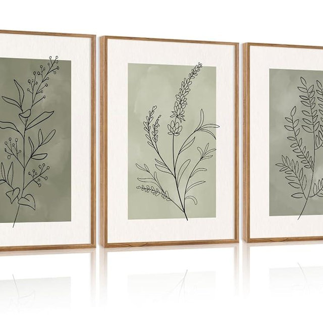 CHDITB Botanical Sage Leaf Framed Canvas Wall Art Set Of 3, Minimalist Wall Decor, Boho Nature Floral Greenery Wall Painting, Neutral Botanical Plant Art Prints For Dining Room Bedroom Decor 12”X16”