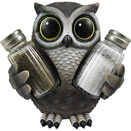 DWK - Little Hoot's Spice - Collectible Owl Salt & Pepper Shaker with Figurine Owl Holder Home Décor Kitchen Accessory Dining Accent 3-Piece Set, 5.6-inch