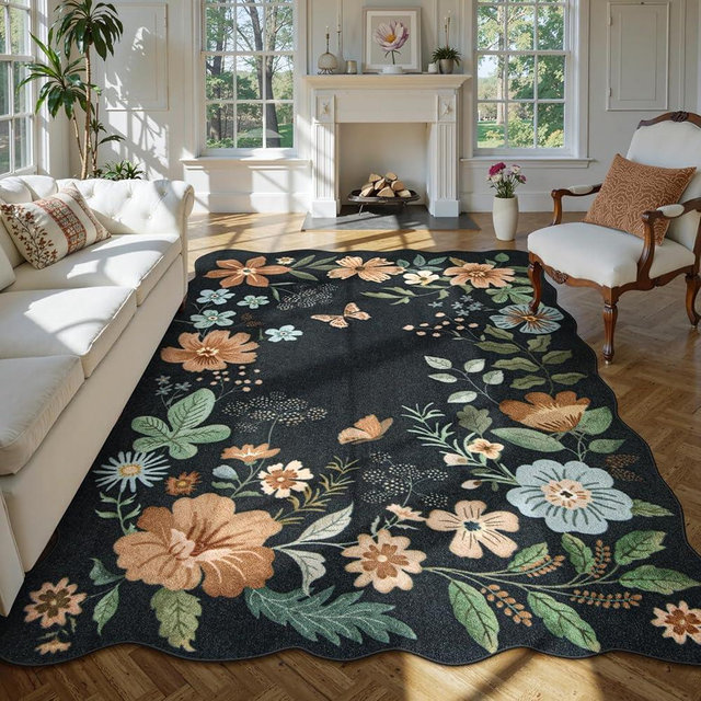 Lahome Floral Washable 6x9 Area Rugs, Soft Bedroom Rug for Living Room Ultra-Thin Non Slip Dining Room Rug, Stain Resistant Boho Rugs Easy Clean Throw Carpet for Office(6'x9',Black/Grey)