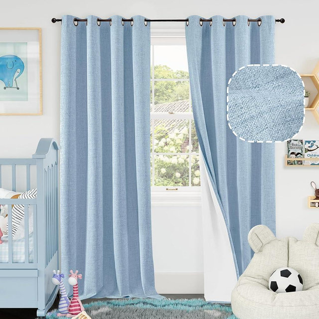 Baby Blue Linen Blackout Curtains for Nursery 84 Inch Length 2 Panels Set, Thermal Insulated Boho Total Black Out Noise Reducing Bonzer Grommets Window Curtains for Kids Bedroom, Each 52 Inch Wide