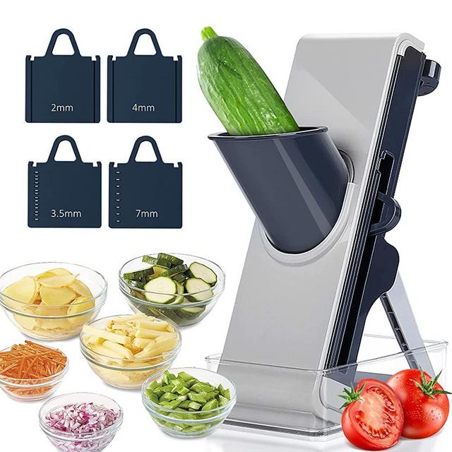 Safe Slice Mandoline Slicer for Kitchen, Vegetable Slicer Cutter & Chopper, Food Slice + Julienne for Vegetables Potato Fruit with Container, Veggie Cutter with 4 Adjustable Blade
