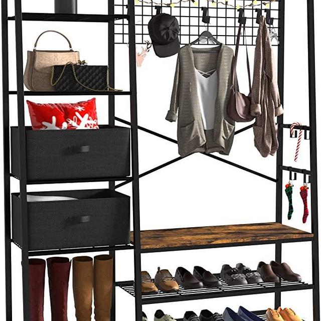 Modern Versatile Hall Tree with 10 Fixable Metal Hooks, Coat Rack Stand with 6 Side Shelves, Entryway Shoe Bench with Adjust Coat Rack, Top Mesh Shelf, 2 Fabric Box Rustic Brown