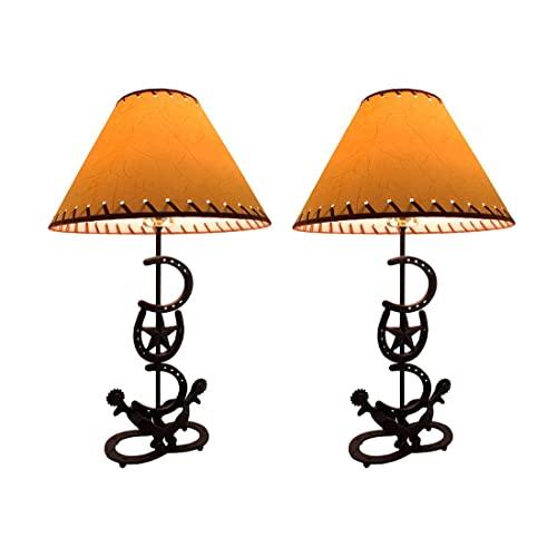 Horseshoes and Spurs Western Style Lamp with Leather Look Shade Set of 2