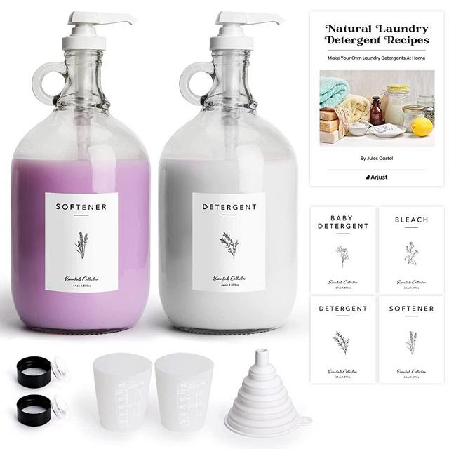 Arjust Glass Liquid Laundry Detergent Dispenser - Laundry Detergent Dispenser for Soap Bleach Softener - 2 Half Gallon Laundry Detergent Bottles - Includes Labels Funnel Measuring Cup and eBook