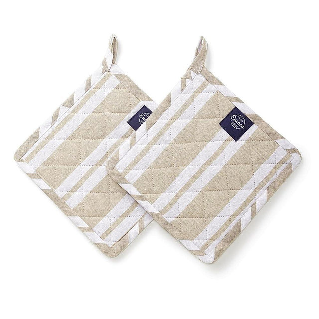 Encasa Homes 8 inches Oven Microwave Potholders (2 pc Set) for Kitchen Cooking & Baking - Heat Resistant, Thick & Safe, Protection of Hands from Hot Utensils - Franca Beige Stripes
