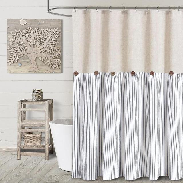 Awellife Farmhouse Shower Curtain for Bathroom Blue Stripe Linen and Cotton Woven Fabric, Country Rustic Style Shower Curtain Set (Blue, 72" L x 72" W)