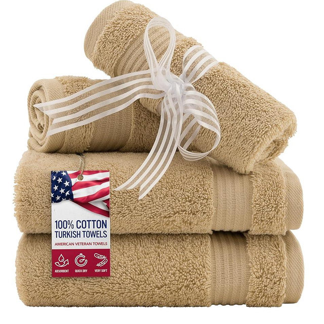 American Veteran Towel, 100% Cotton Turkish Washcloths for Bathroom Essentials 4 Pack, Soft Absorbent Wash Cloths Quick Drying Small Towels Washrags, Beige
