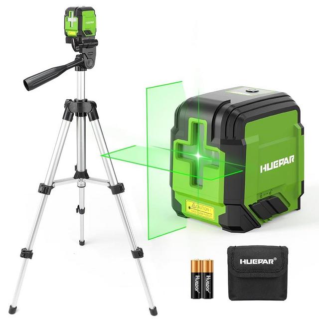 360° Laser Level with Tripod, Huepar 98Ft Green Self Leveling Cross Line Laser Accurate Measuring Leveler Tool for Picture Hanging, Tile, Construction Indoor Project, Battery&Carrying Bag Included