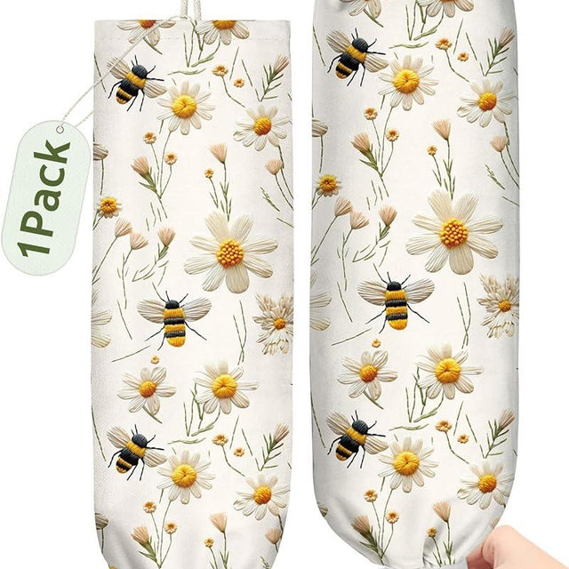 Kokaaee Plastic Bag Holder Organizer - 1 Pack Reusable Canvas Grocery Bags Holder Hanging Wall Cute Aesthetic Shopping Bag Storage Dispenser with Drawstring Closure for Kitchen Home, Flower Bee