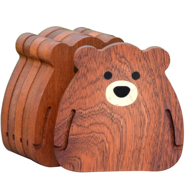 Handmade Bear Coasters by Multiple Wood Inlays - Wood Coasters for Drinks Tabletop Protection Set of 6, Wooden Coasters for Coffee Table with Non-Slip Pad Cup Coasters for Home Christmas (Bear)