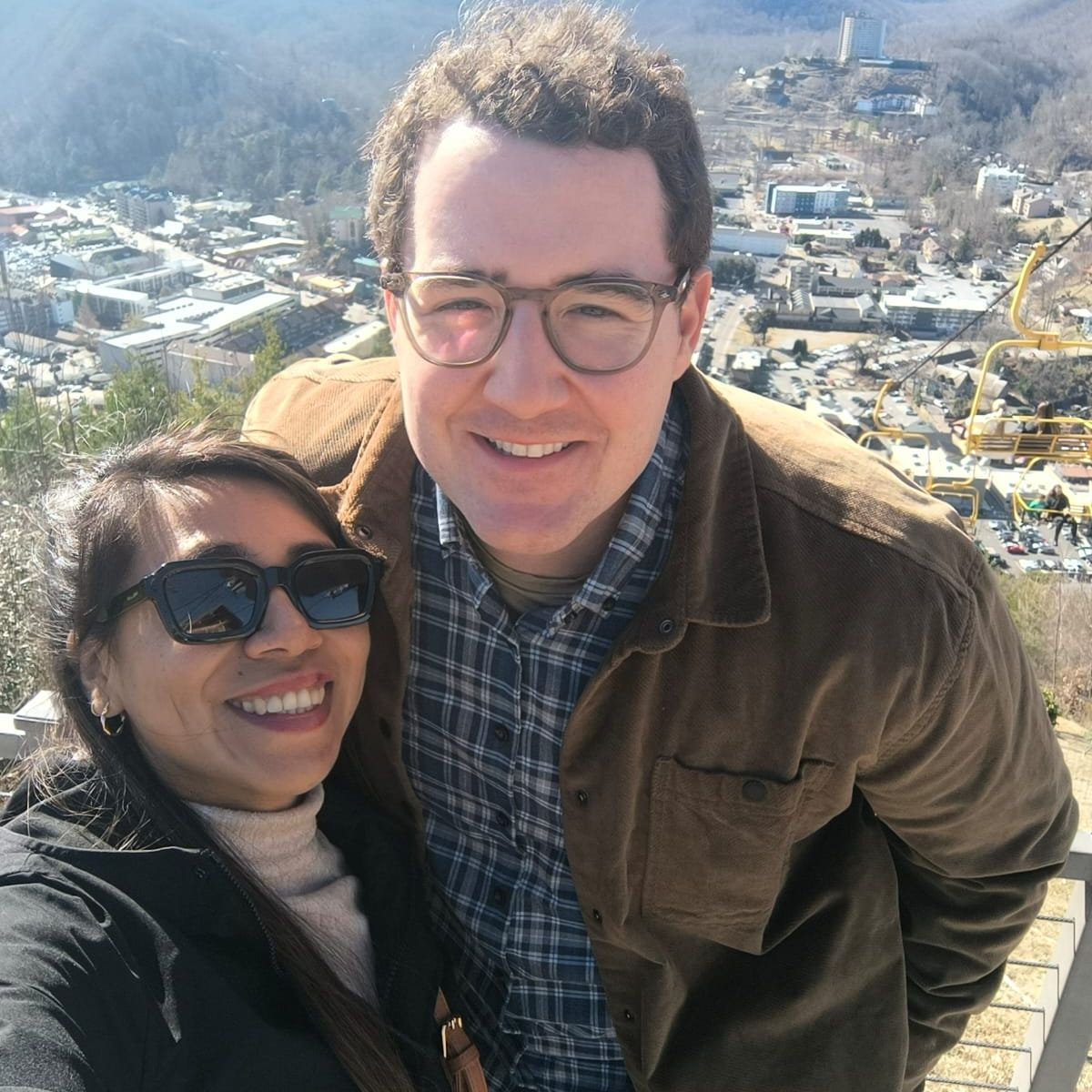 Two hillbies up at Sky Park. The yellow chairlift in Gatlinburg, TN