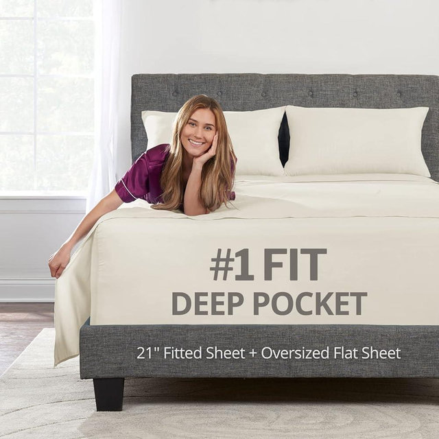 Extra Deep Pocket King Bed-Sheets – 4-Piece Includes: 18”-21” Inch Super Extra Deep Pocket Fitted Sheet – Real Oversize Flat Sheet – 2 Zipper Closure Pillowcases – King Size – Ivory (Off White)