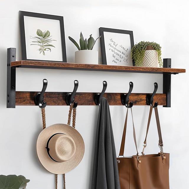 Tatub 29" Coat Rack Wall Mount with Shelf, Wall Hooks with Shelf, Entryway Floating Shelf with 5 Metal Hooks, Coat Hangers for Entryway, Living Room, Bedroom, Rustic Brown Black