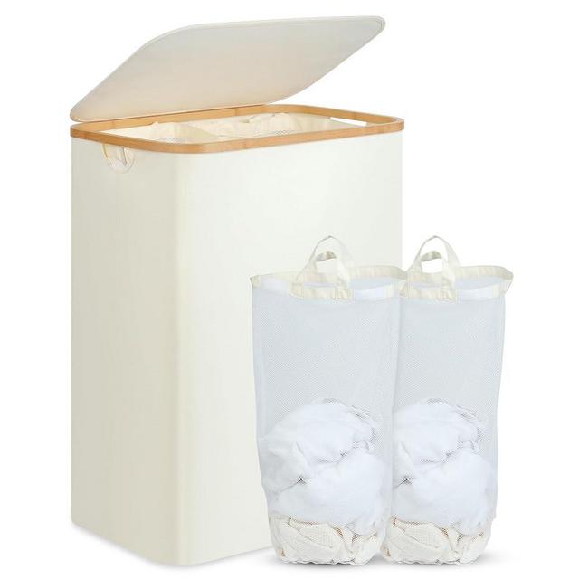 efluky Double Laundry Hamper with Lid, Divided Laundry Hamper with Removable Bags, 2 Section Dirty Clothes Basket with Handles for Bathroom, Bedroom & Laundry Room, 160L Beige