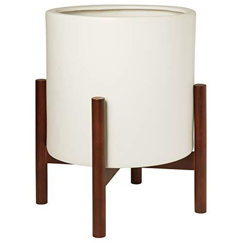Rivet Surrey Modern Ceramic Planter Pot with Wood Plant Stand, 19.75"H, White