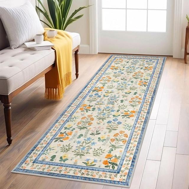 Lansny Boho Floral Machine Washable Runner Rug 2x6, Garden Yellow-Green Kitchen Runner Rug Non-Slip, Super Thin Hallway Rug Runner Printed Faux Wool Soft Carpet for Entryway Bedroom Laundry Indoor