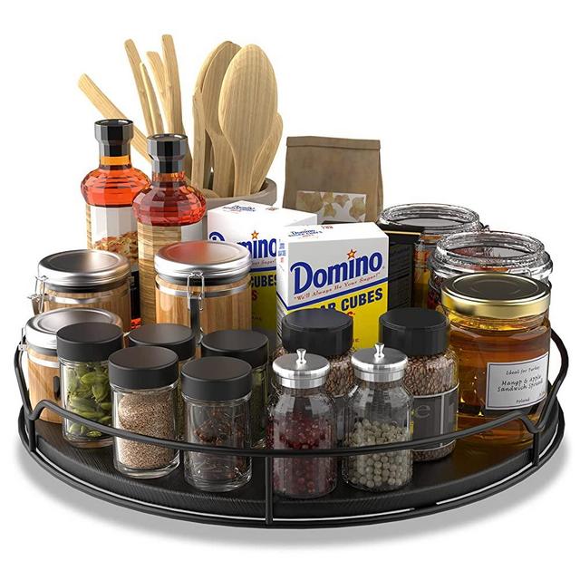 Lazy Susan Turntable Organizer with Anti-Slip Mat for Cabinet Pantry Kitchen Countertop Refrigerator Office, Pine Wood, 12", Black