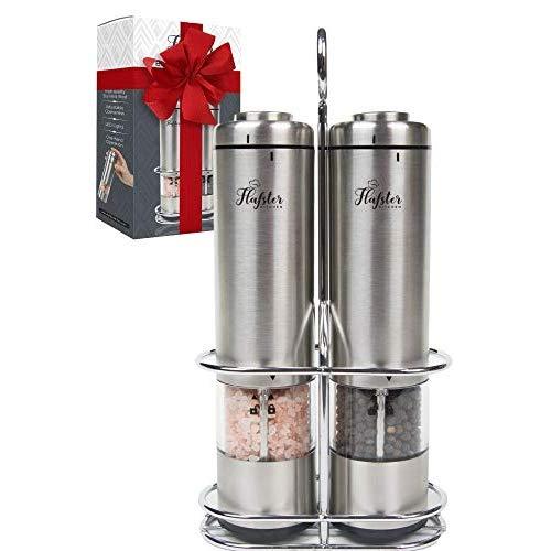 Battery Operated Salt and Pepper Grinder Set - Electric Stainless Steel Salt&Pepper Mills(2) by Flafster Kitchen -Tall Power Shakers with Stand - Ceramic Grinders with lights and Adjustable Coarseness