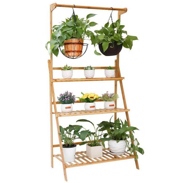 Bamboo Hanging Plant Shelf Foldable 3 Tier Ladder Stand Display Rack for Garden Flower Baskets Planters (70x40x96cm)