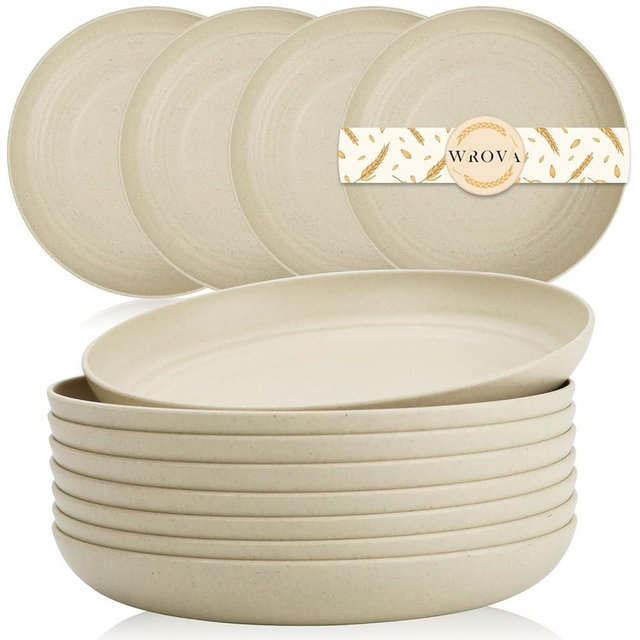 Wrova Wheat Straw Plates - 8 Inch Unbreakable Dinner Plates Set of 8 - Dishwasher & Microwave Safe Plastic Plates Reusable - Lightweight Small Plates for kitchen,R.V. (Beige)